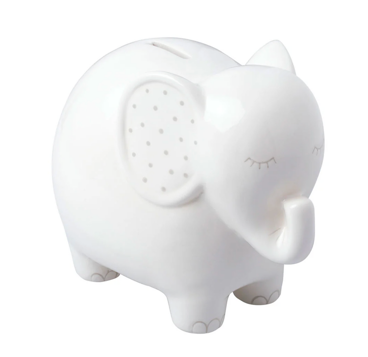 White ceramic elephant money bank with gray accents, removable stopper, and a charming, classic design.