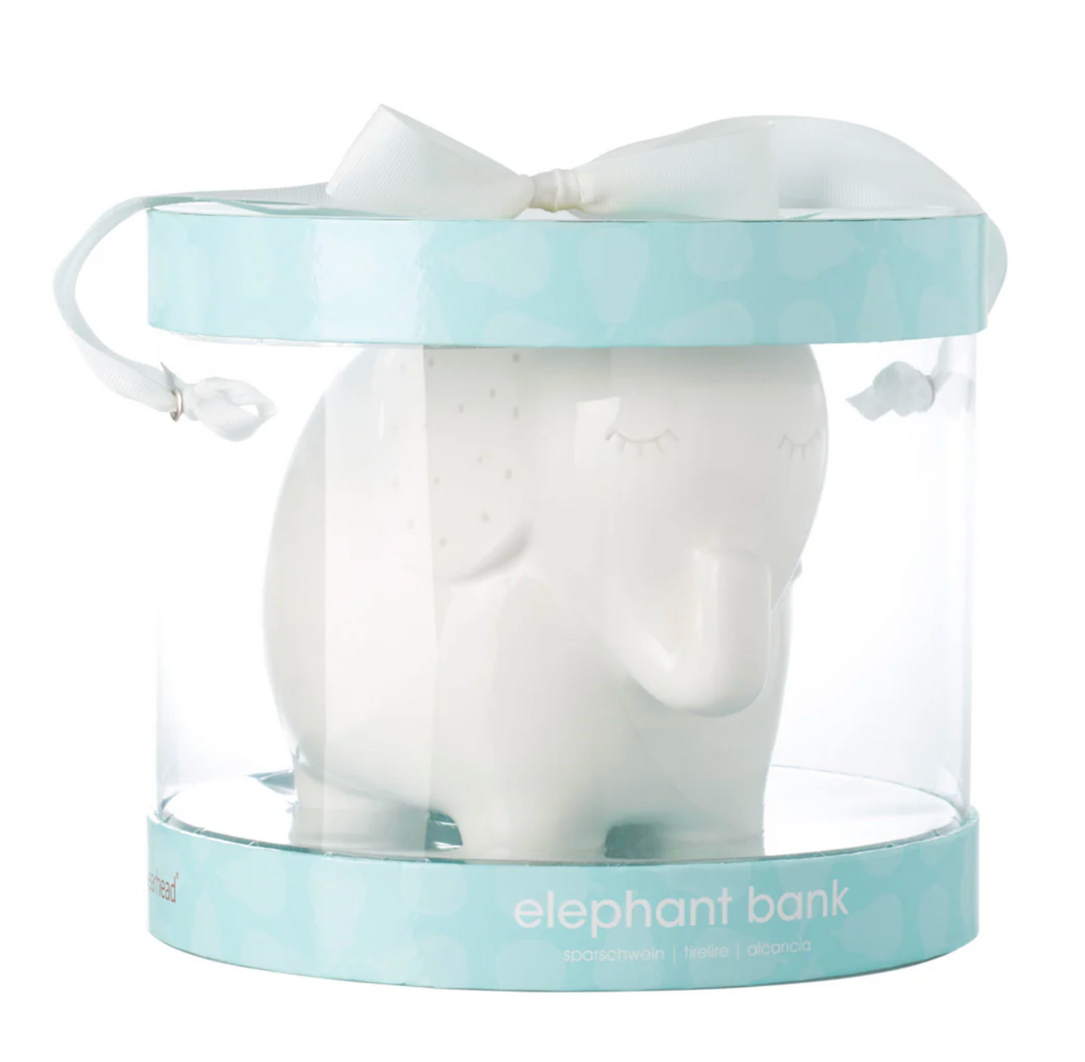 Ceramic Elephant Money Bank in white with gray accents, removable stopper, packaged in a decorative blue gift box.