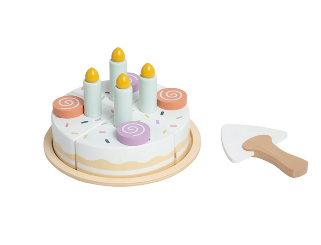 Celebration Wooden Cake Set with wooden frosted cake, four slices, candles, and a cake slicer on a plate.