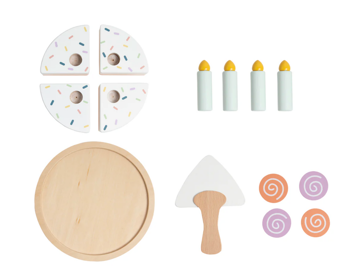 Celebration Wooden Cake Set with wooden cake slices, candles, icing swirls, plate, and cake slicer for imaginative play.