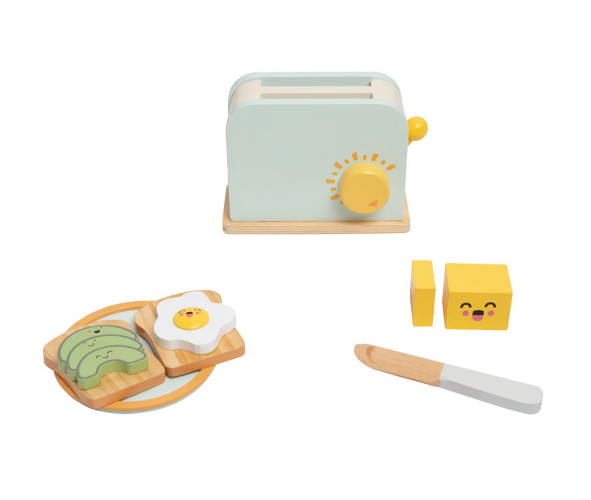 Brunch Time Wooden Toaster Set with toy toaster, toast with avocado and egg, butter pieces, and a wooden knife.