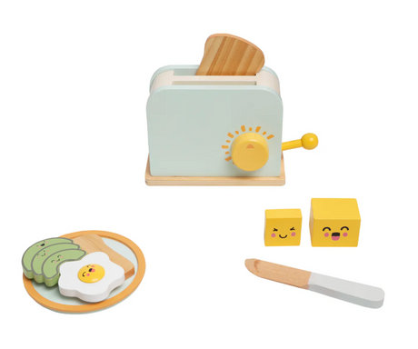 Brunch Time Wooden Toaster Set with wooden toaster, toast, egg, avocado slices, butter pieces, knife, and plate for imaginative play.