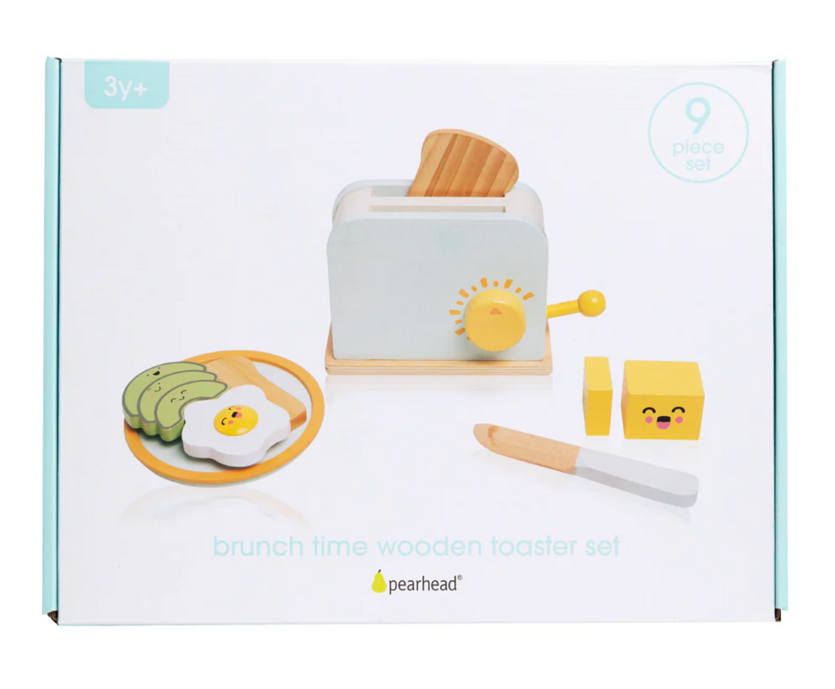 Brunch Time Wooden Toaster Set with wooden toaster, toast, butter, avocado, egg, knife, and plate for imaginative play.
