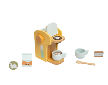 Barista in Training Wooden Coffee Set with coffee maker, cups, spoon, sugar pack, oat milk, and coffee pods for kids.