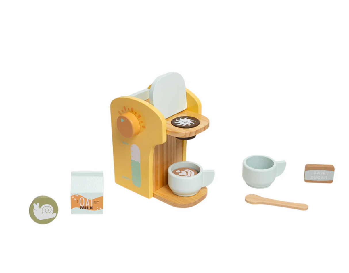 Barista in Training Wooden Coffee Set with coffee maker, cups, spoon, sugar pack, oat milk, and coffee pods for kids.