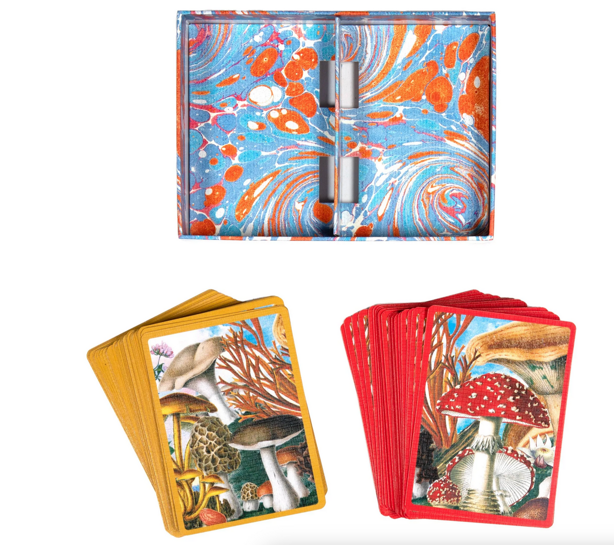 Playing Cards | Mushroom foiled gift box with two decks featuring colorful mushroom illustrations and metallic gilded edges.