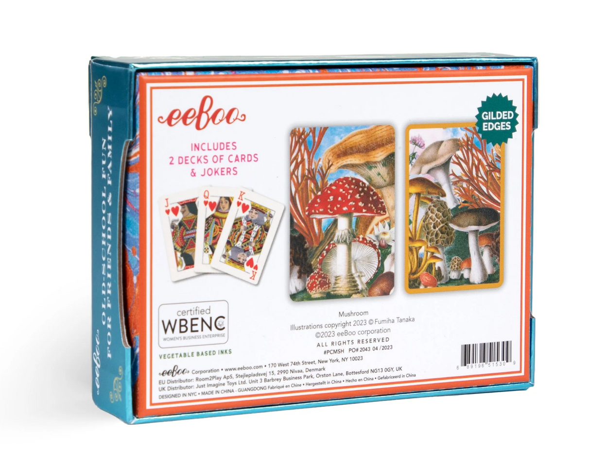Playing Cards | Mushroom foiled gift box set featuring original mushroom illustrations and metallic gilded edges.