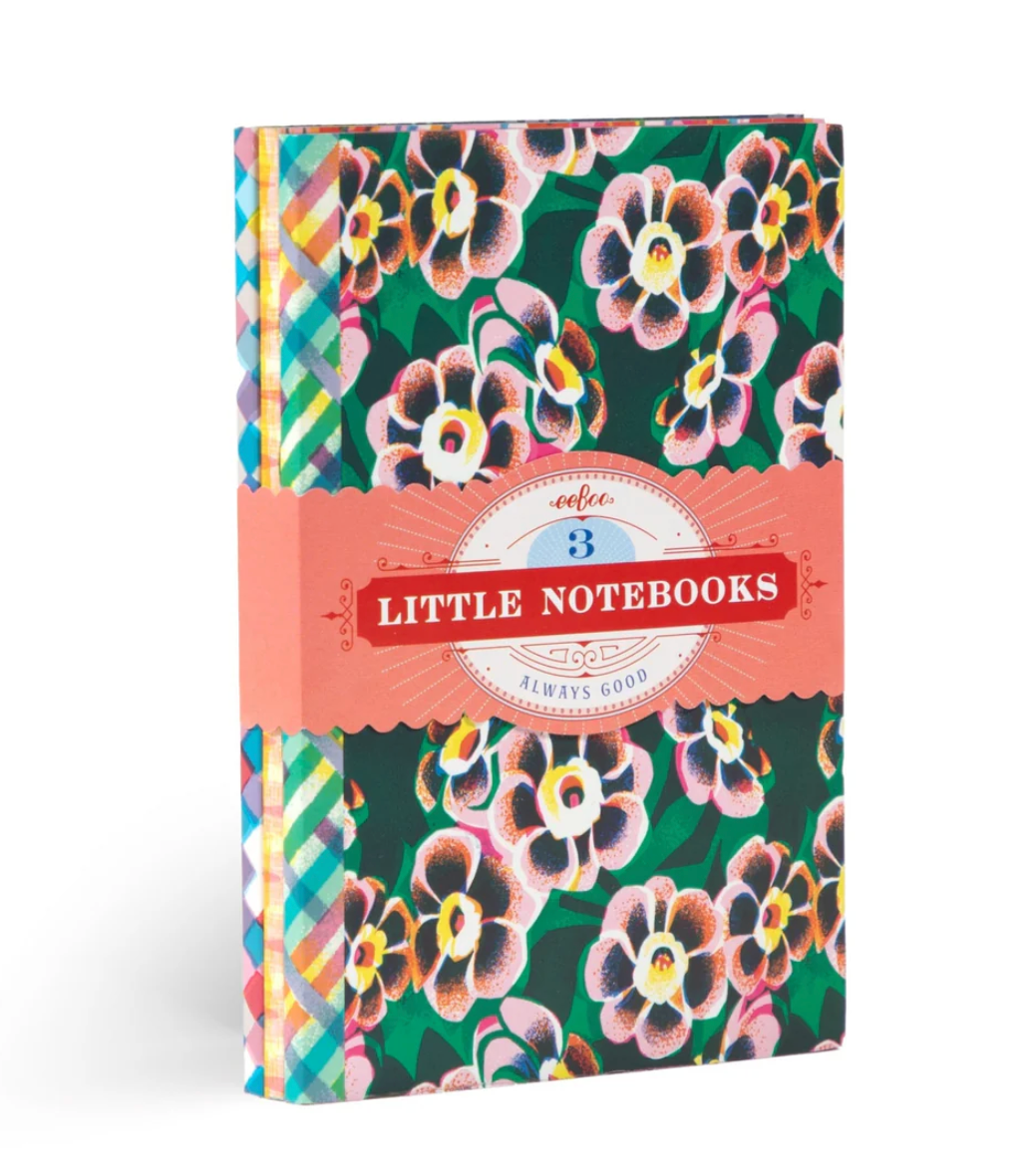 Three floral graphic little notebooks with belly band, colorful gilded edges, titled Little Notebooks | Asta's.