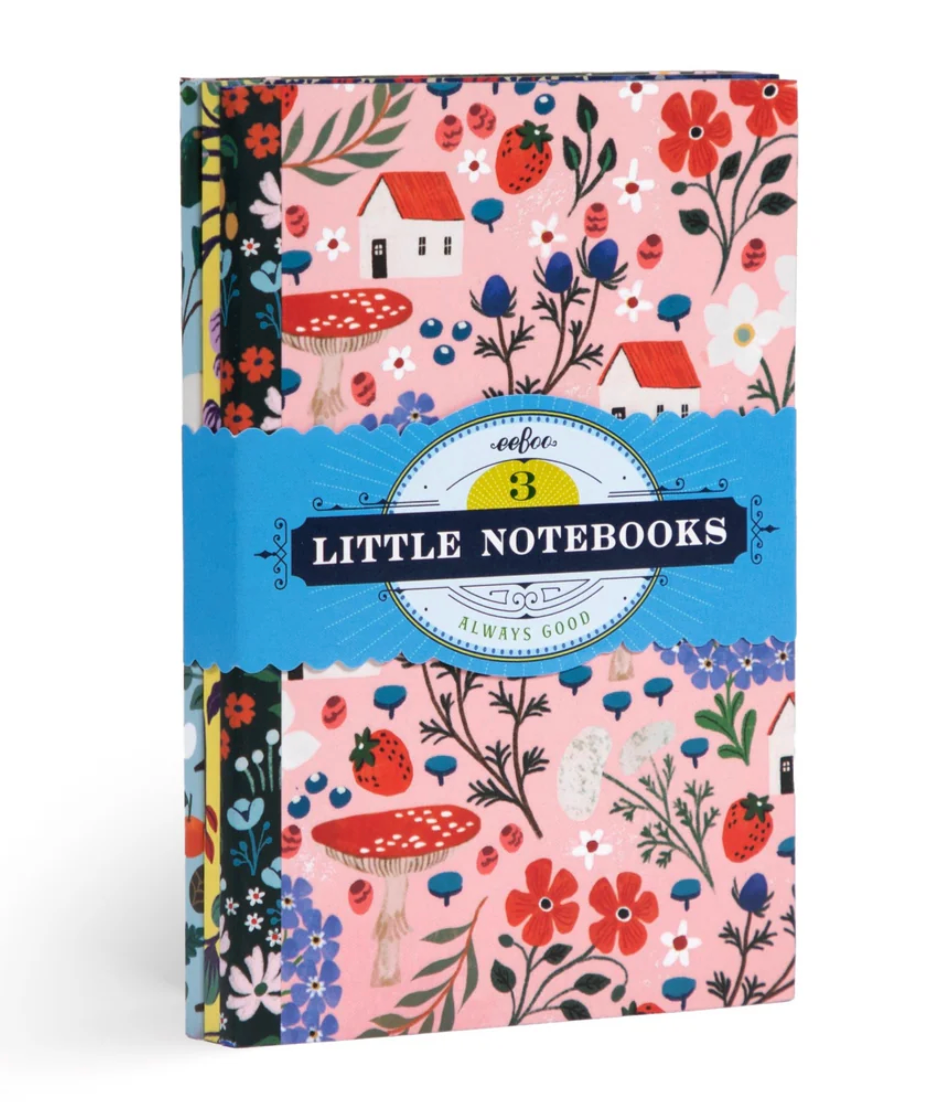 Three belly-banded little notebooks featuring cottagecore art by Shelley Aldrich, titled Little Notebooks | Shelley's.
