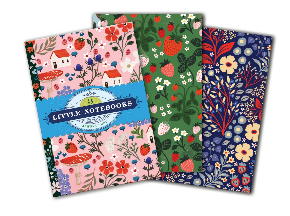 Three colorful belly-banded Little Notebooks | Shelley's with cottagecore floral and strawberry designs.