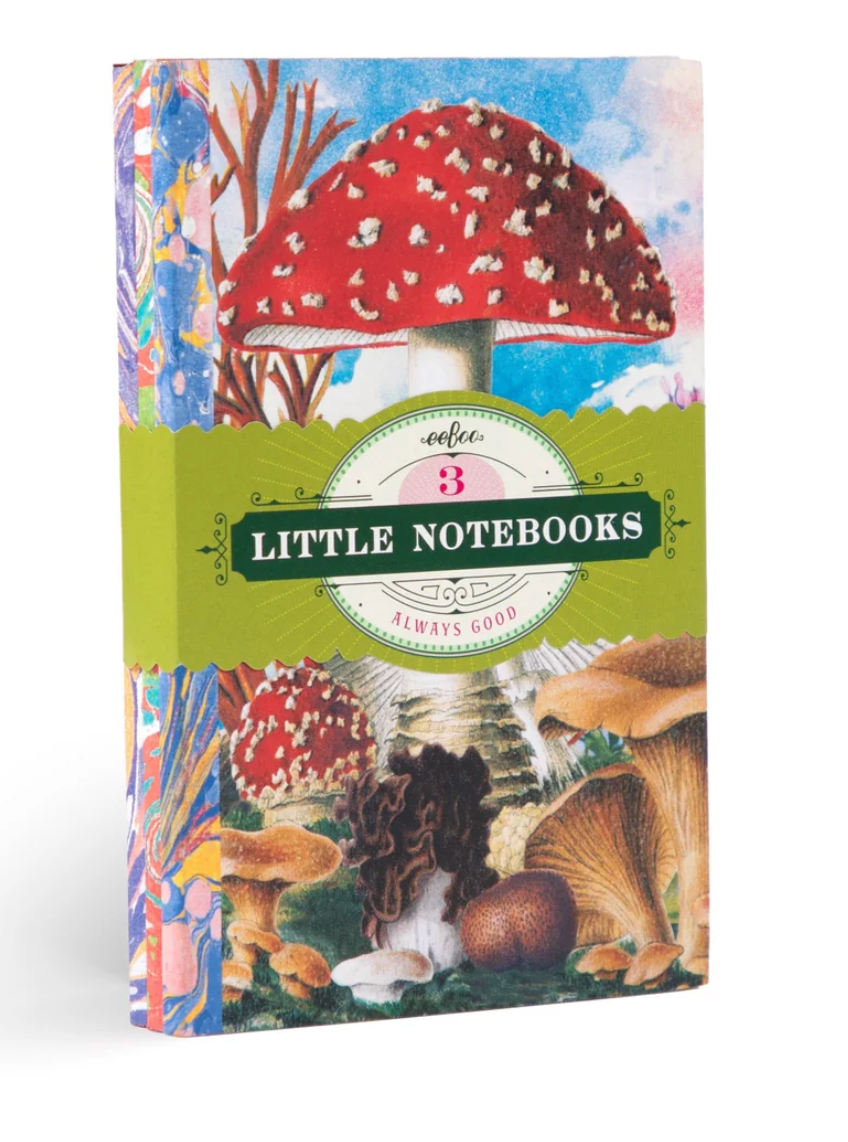 Little Notebooks | Fumiha's set of three mushroom collage art journals with colorful gilded edges and belly band.