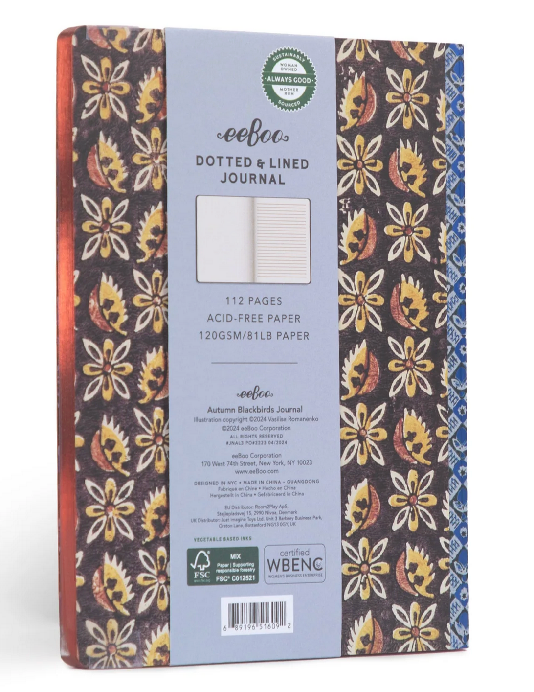Autumn Blackbirds Journal showing back cover with floral pattern, dotted and lined pages, and eco-friendly certifications.