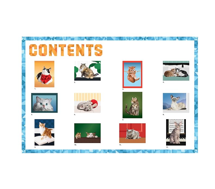 Paint By Sticker Cats contents page displaying twelve geometric feline illustrations in low-poly polygon style.