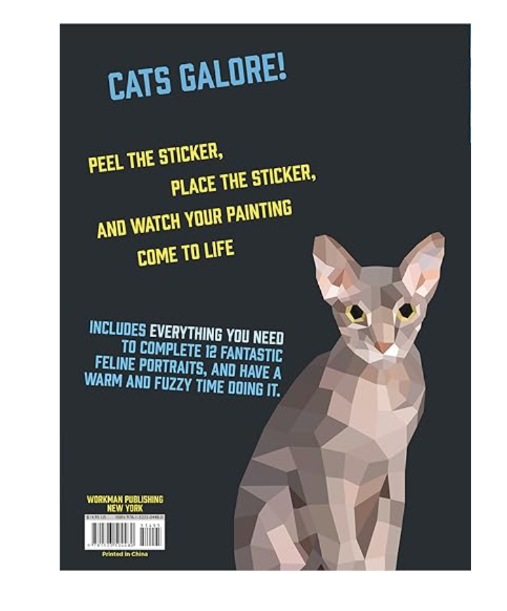 Paint By Sticker Cats book back cover with low-poly cat illustration and instructions to peel and place stickers.