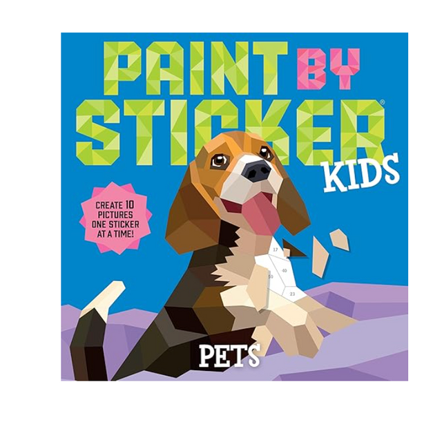 Kids Paint by Sticker Pets book cover showing a geometric dog with numbered sticker spaces on a blue background.