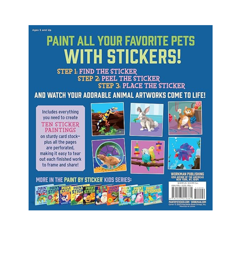 Kids Paint by Sticker Pets showing six colorful pet sticker paintings on perforated card stock pages for easy framing.