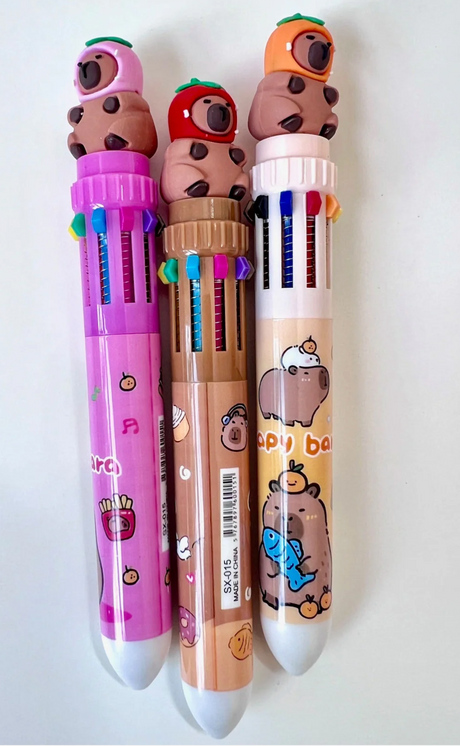 10 Color Pen | Capybara with Hat featuring cute capybara figurines and colorful retractable ink options.