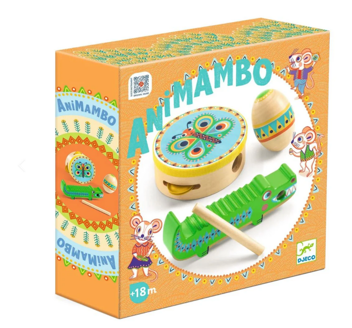 Animambo Instrument Set with colorful tambourine, maraca, and crocodile guiro for toddlers 18 months and up.