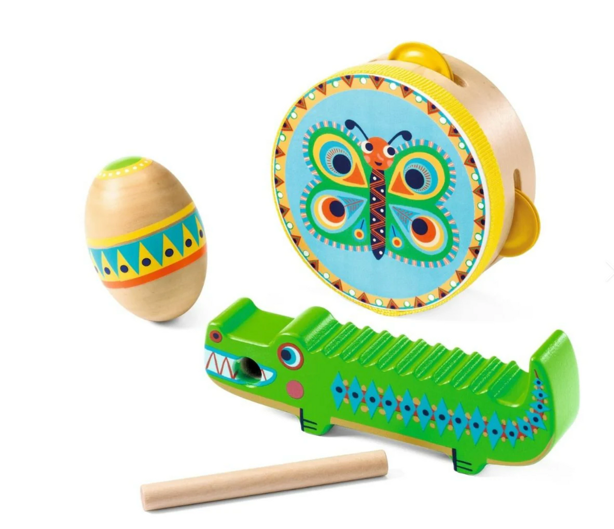 Animambo Instrument Set with colorful butterfly tambourine, egg maraca, and green crocodile guiro for toddlers.