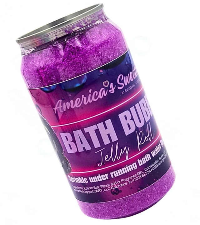 Bright purple Bath Bubbly Jelly Roll in a clear jar, perfect for bubbly, soothing baths with natural ingredients.