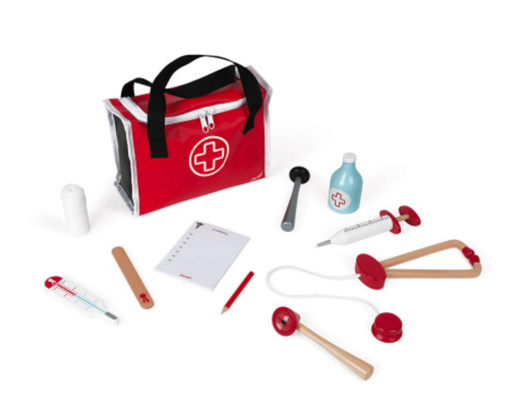 My First Doctor Bag with red and black case and 10 wooden medical tools for kids’ pretend play and learning.