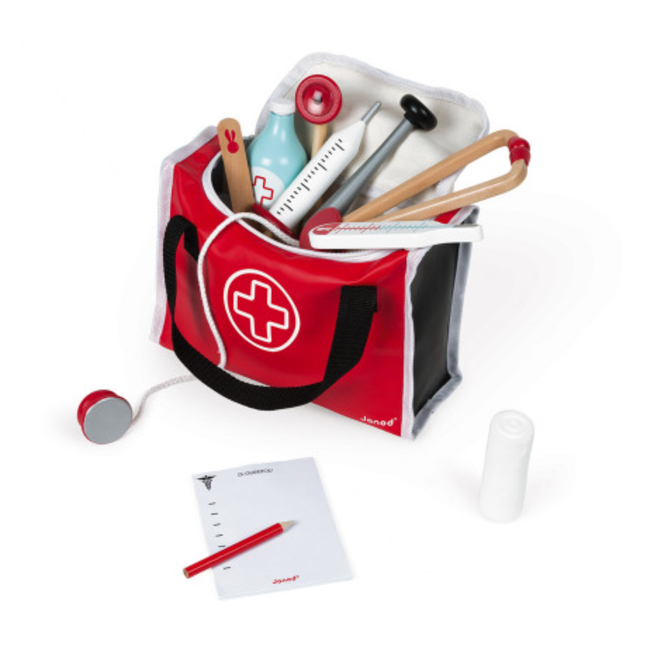 My First Doctor Bag with wooden medical tools, red and black case, prescription pad, syringe, stethoscope, and thermometer.