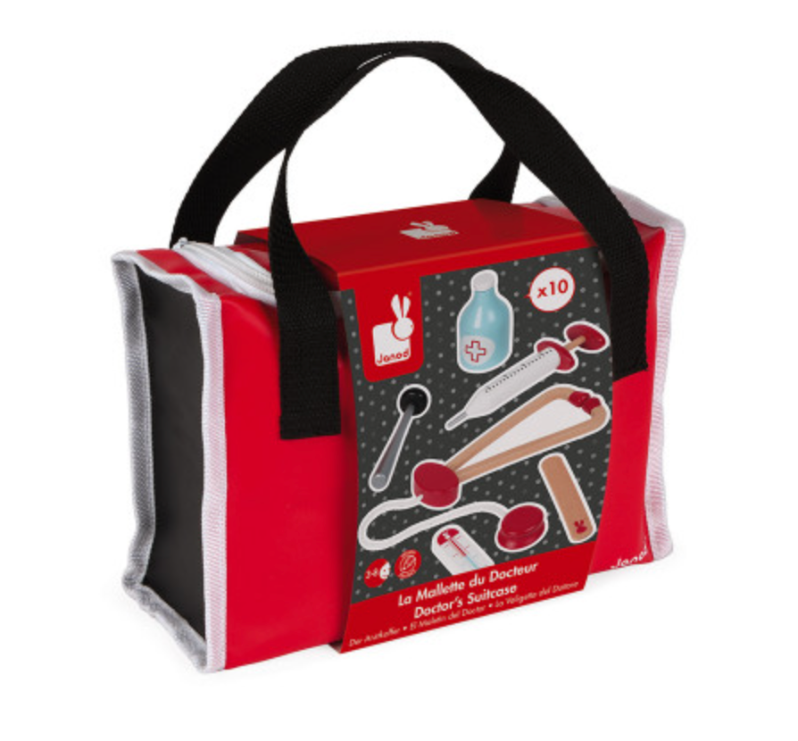 My First Doctor Bag portable medical kit with 10 solid wood doctor tools in a red and black suitcase for kids.