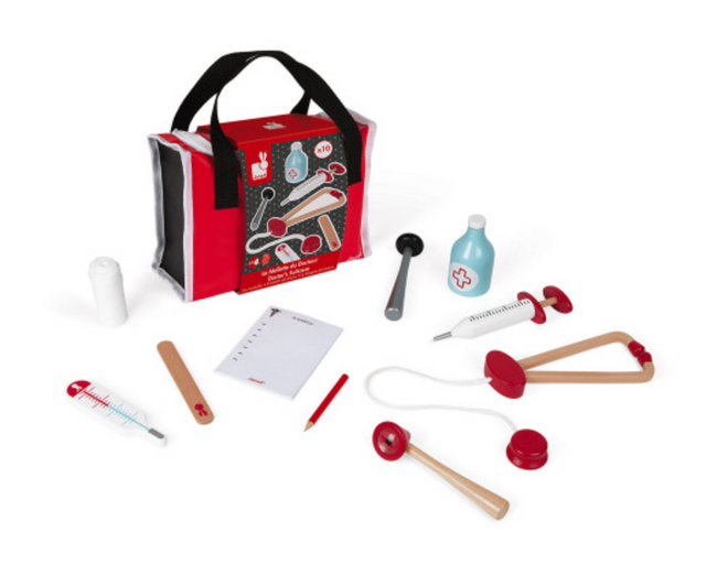 My First Doctor Bag with wooden medical tools including stethoscope, syringe, reflex hammer, otoscope, thermometer, and prescription pad.
