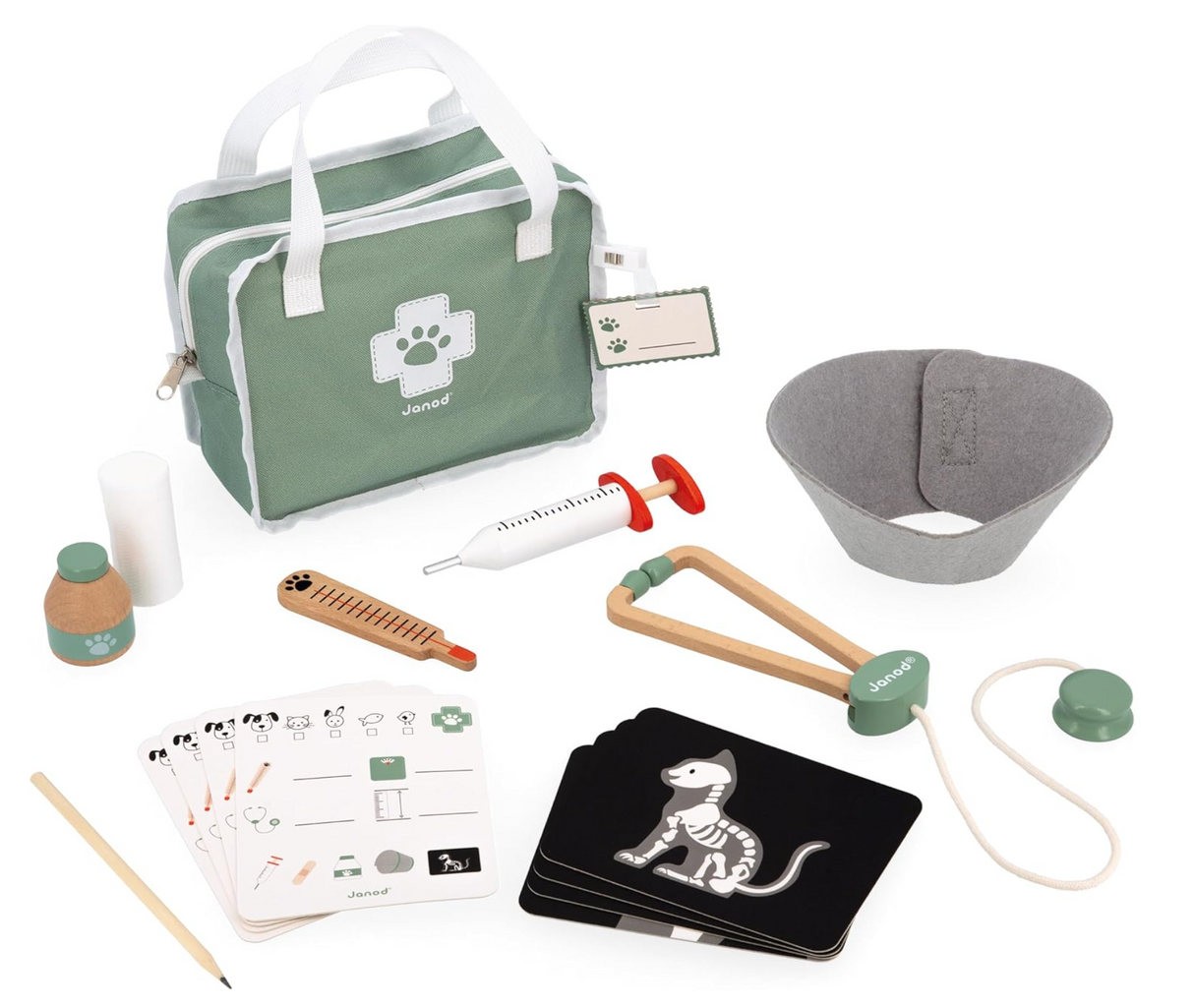 My First Veterinary Bag with pretend vet tools including x-rays, stethoscope, badge, and wooden accessories for kids.