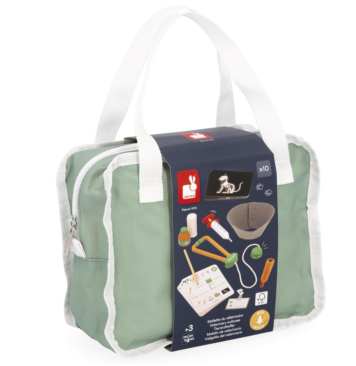 My First Veterinary Bag with green fabric case and veterinary play accessories for kids ages 3 and up.