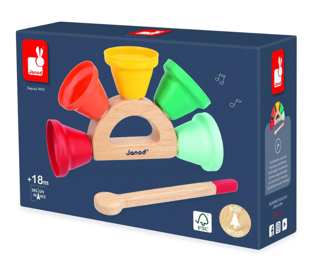 Musical Forest Bells children's toy with five colorful wooden bells and drumstick for early music learning aged 18 months plus.