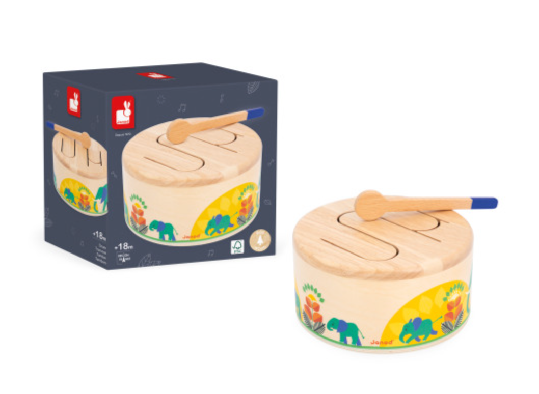 Musical Forest Drum wooden toy with drumstick, colorful animal design, perfect for toddlers 18 months and older.