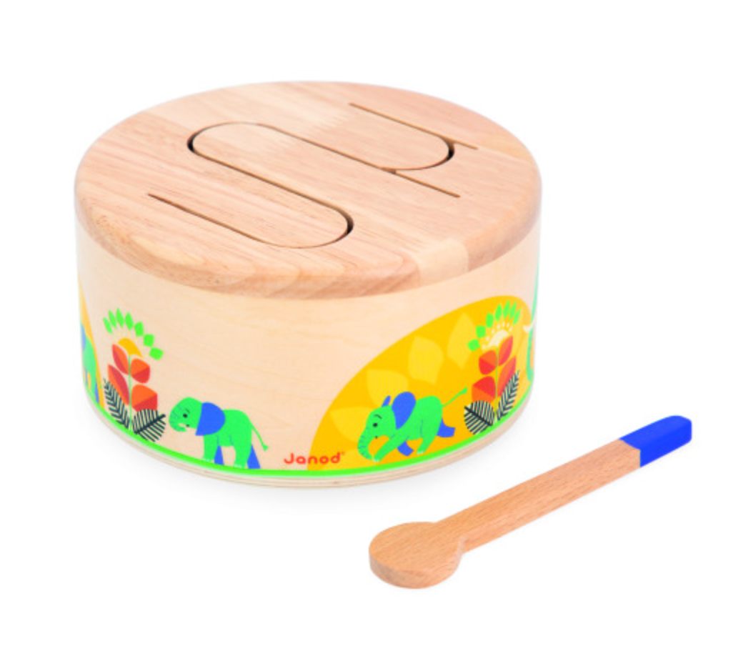 Musical Forest Drum wooden toy with colorful animal designs and drumstick for toddlers to explore music and rhythm.