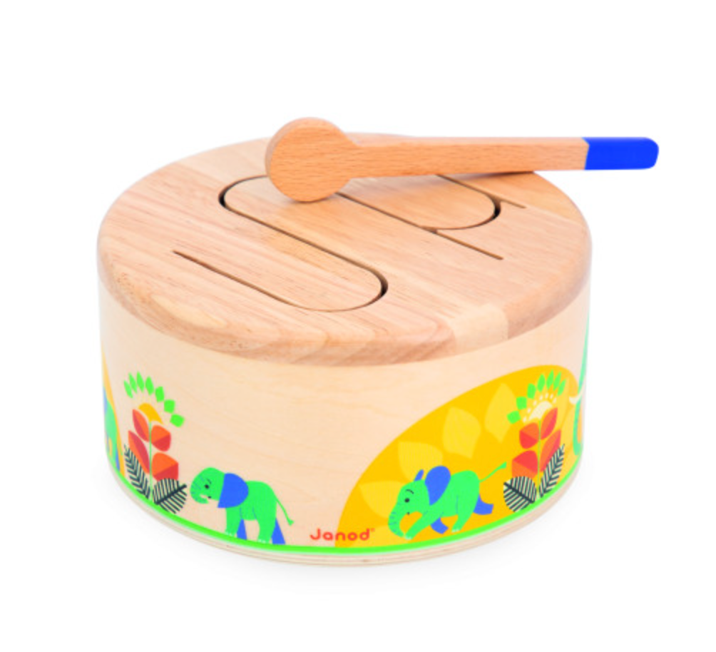 Musical Forest Drum wooden toddler toy drum with colorful animal designs and drumstick for early music learning.