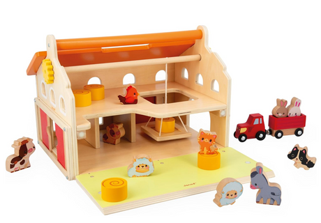Farm My First Farm Set wooden toy farmhouse with animals, hay bales, tractor, and pulley system for imaginative play.