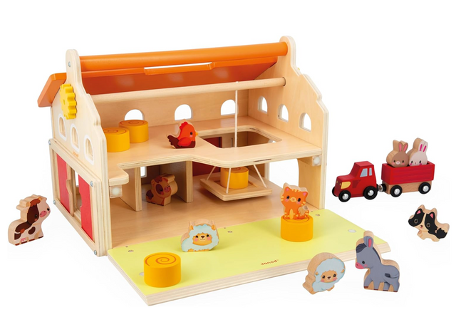 Farm My First Farm Set wooden toy farmhouse with animals, hay bales, tractor, and pulley system for imaginative play.