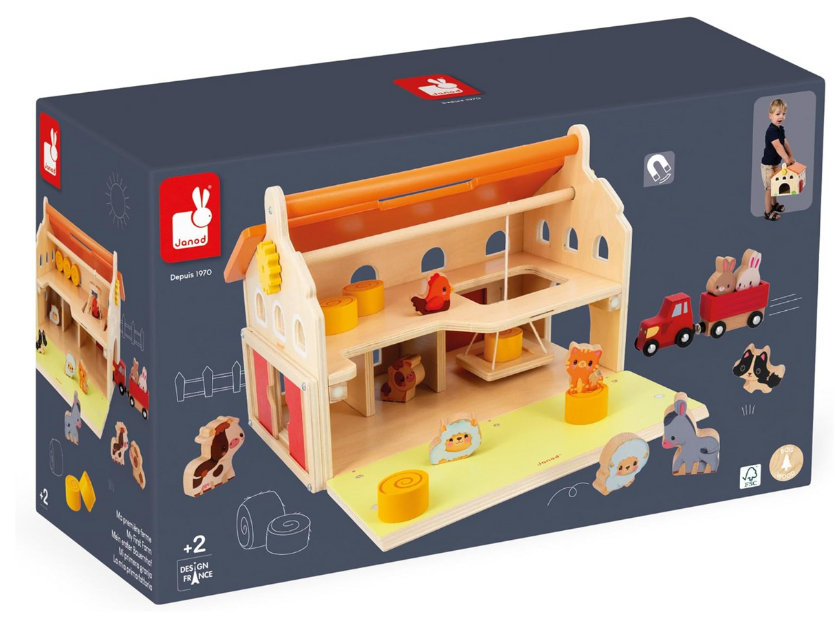 Farm My First Farm Set wooden farmhouse toy with animals, tractor, hay bales, and pulley system for kids aged 2 and up.