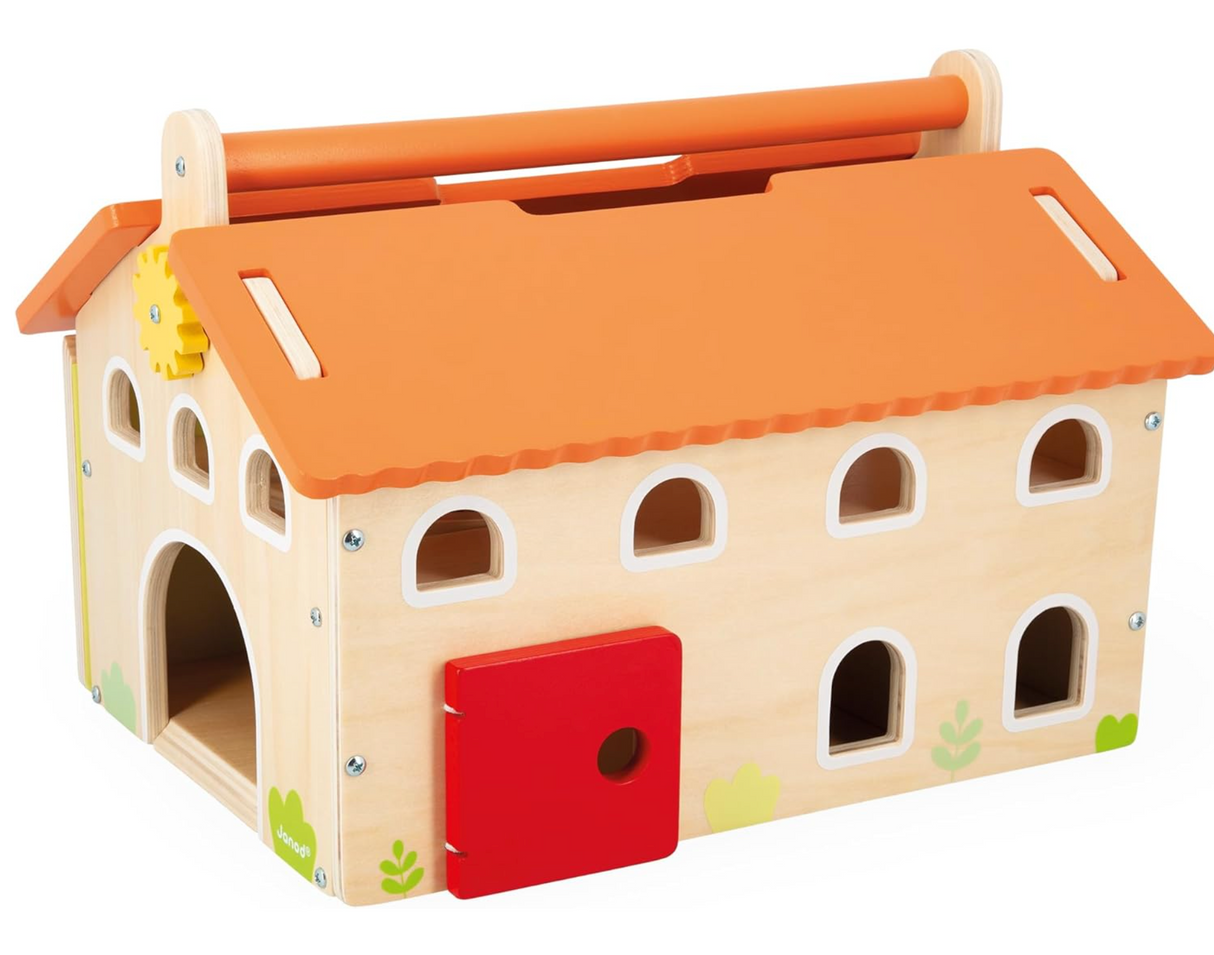 Farm My First Farm Set wooden farmhouse toy with orange roof, red door, and easy-carry handle for imaginative play.