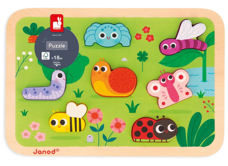 Chunky Garden Wooden Puzzle with seven colorful wooden garden animal pieces on a vibrant green board for toddlers 18 months+.