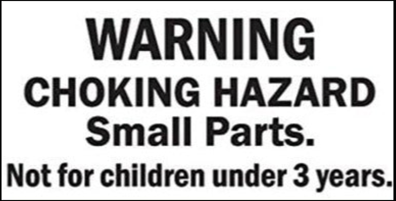 Warning label for choking hazard due to small parts, not suitable for children under 3 years.