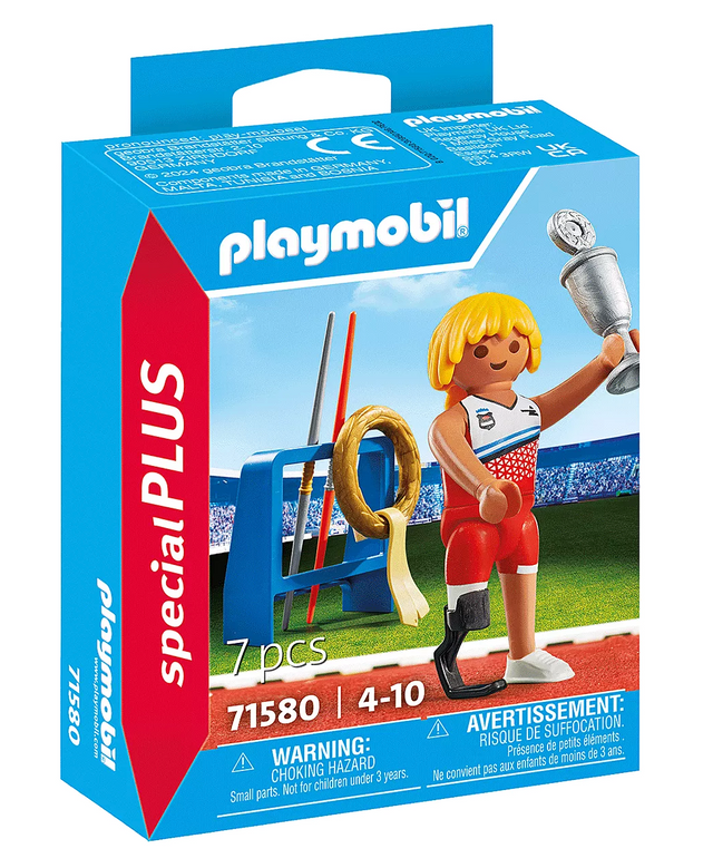 Special Plus | Javelin Thrower figure with prosthetic leg, javelins, trophy, and victory wreath in stadium setting.