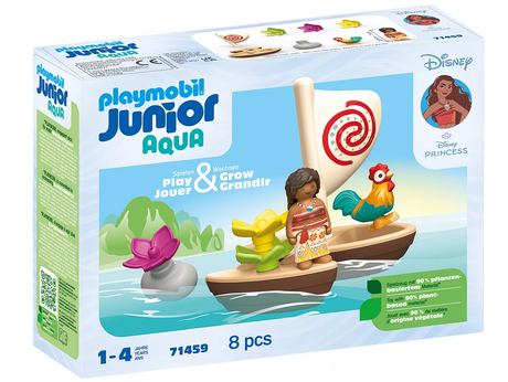 Junior Moana's Boat with Moana figure, rooster, sail, and stacking flowers for water play and imagination.