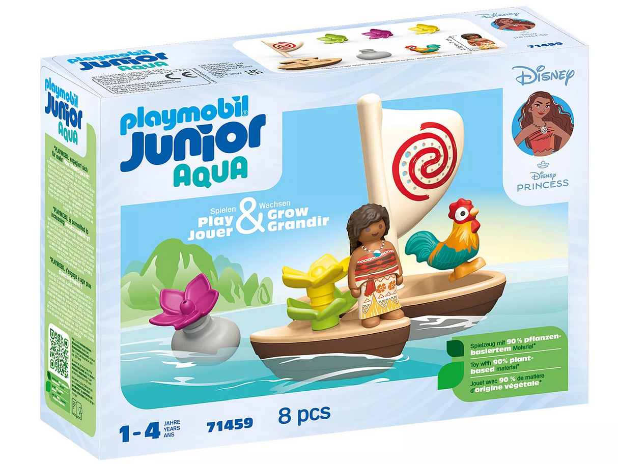 Junior Moana's Boat with Moana figure, rooster, sail, and stacking flowers for water play and imagination.