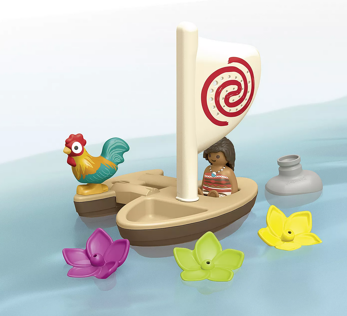 Junior Moana's Boat floating catamaran toy with Moana figure, rooster, colorful flowers, and removable sail on water.