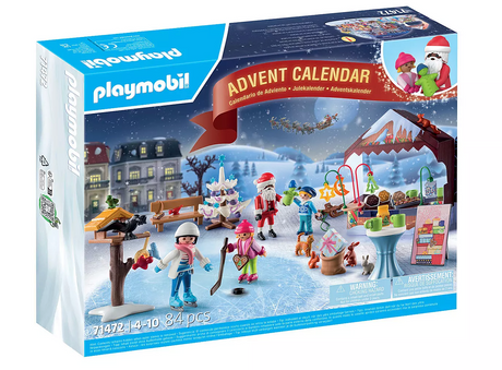 PLAYMOBIL Advent Christmas Market with 24 festive surprises including figures, tree, Santa, and market stalls.
