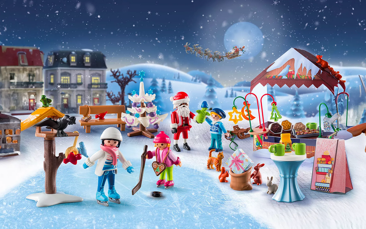 PLAYMOBIL Advent Christmas Market with figures, Santa, Christmas tree, market booths, and winter scene background.