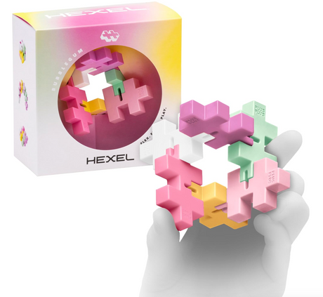 HEXEL fidget toy with six colorful Plus-Plus pieces connected by a flexible cord, shown held in hand and packaged.