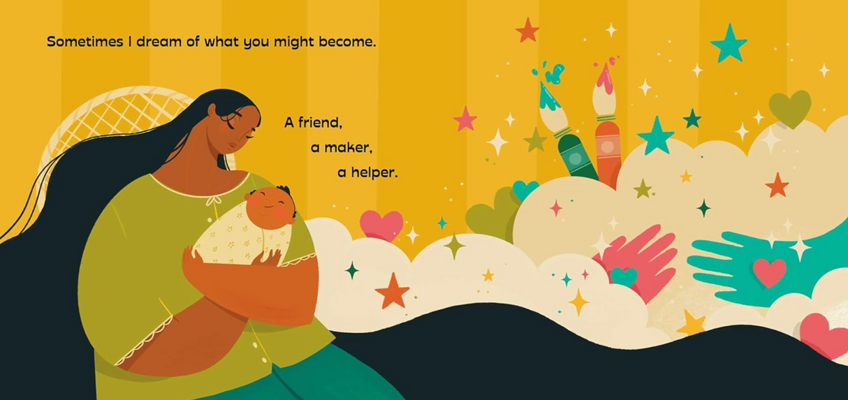 Illustration from Already All the Love showing a mother holding a baby surrounded by stars and hearts in a warm, colorful scene.