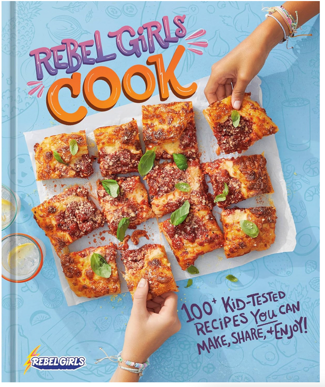 Rebel Girls Cook cookbook showing kid-friendly pizza slices being shared on a blue background with playful text.