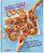 Rebel Girls Cook cookbook showing kid-friendly pizza slices being shared on a blue background with playful text.
